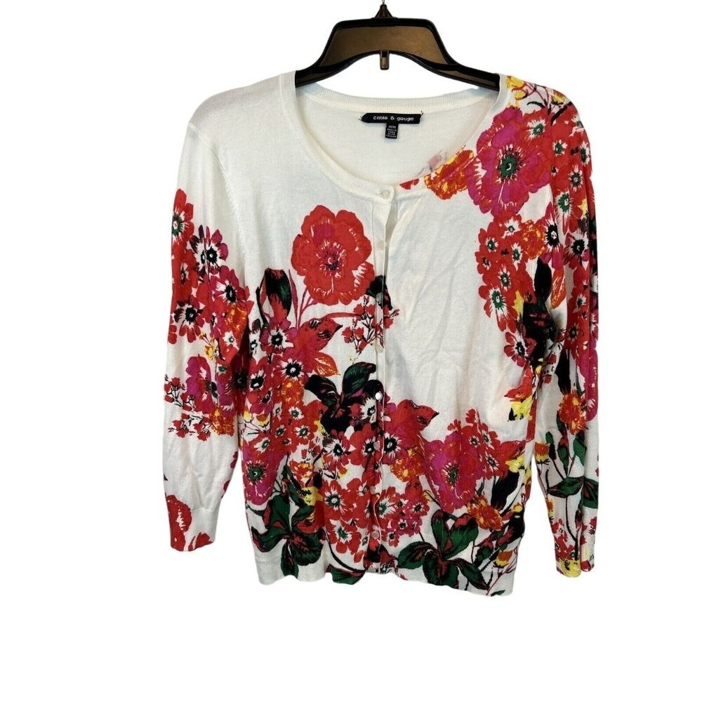 Cable & Gauge Floral Button Front Cardigan Sweater Women's Medium - Picture 2 of 10